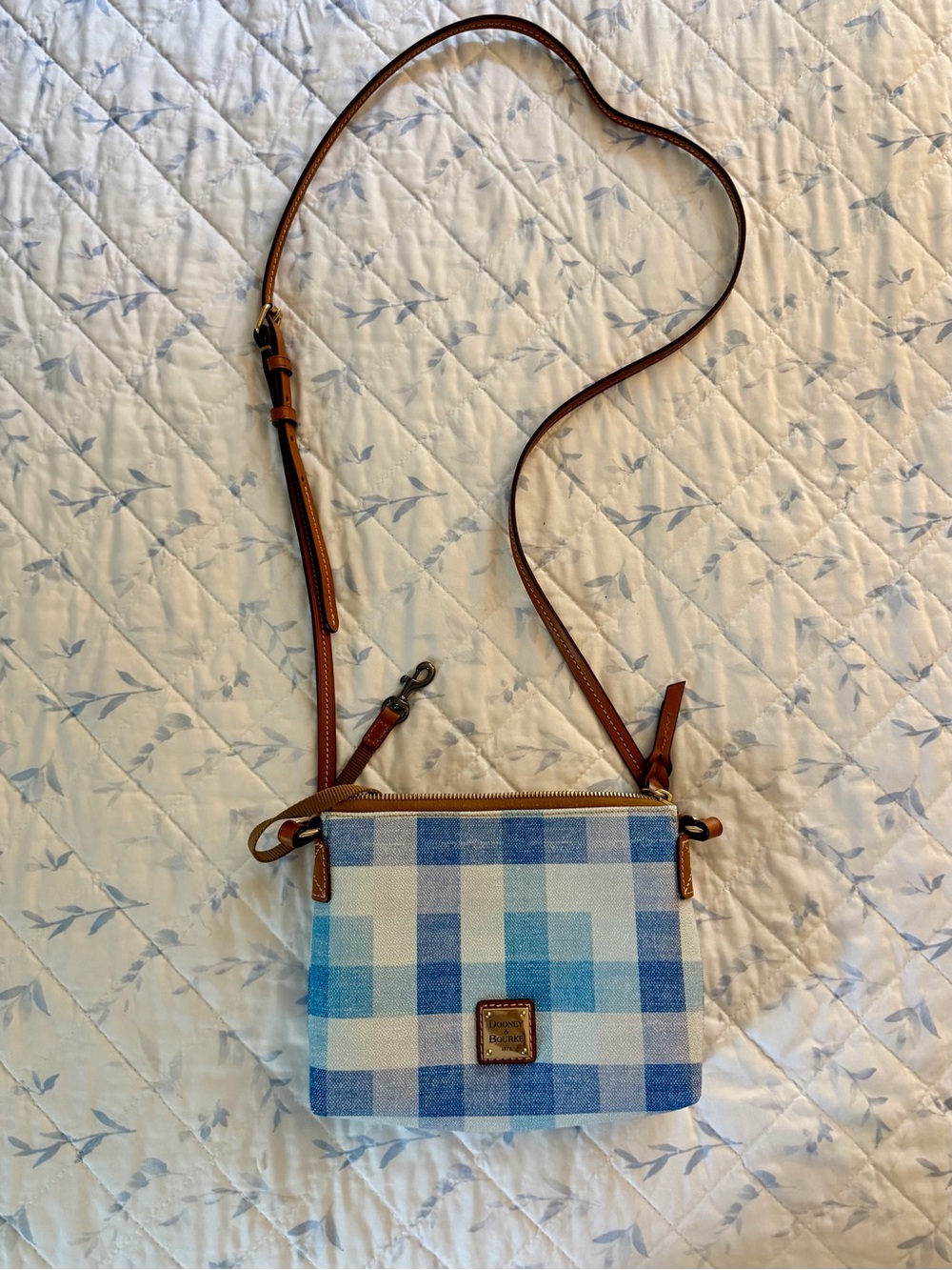 Dooney & Bourke Blue Plaid Crossbody with Brown Leather Strap